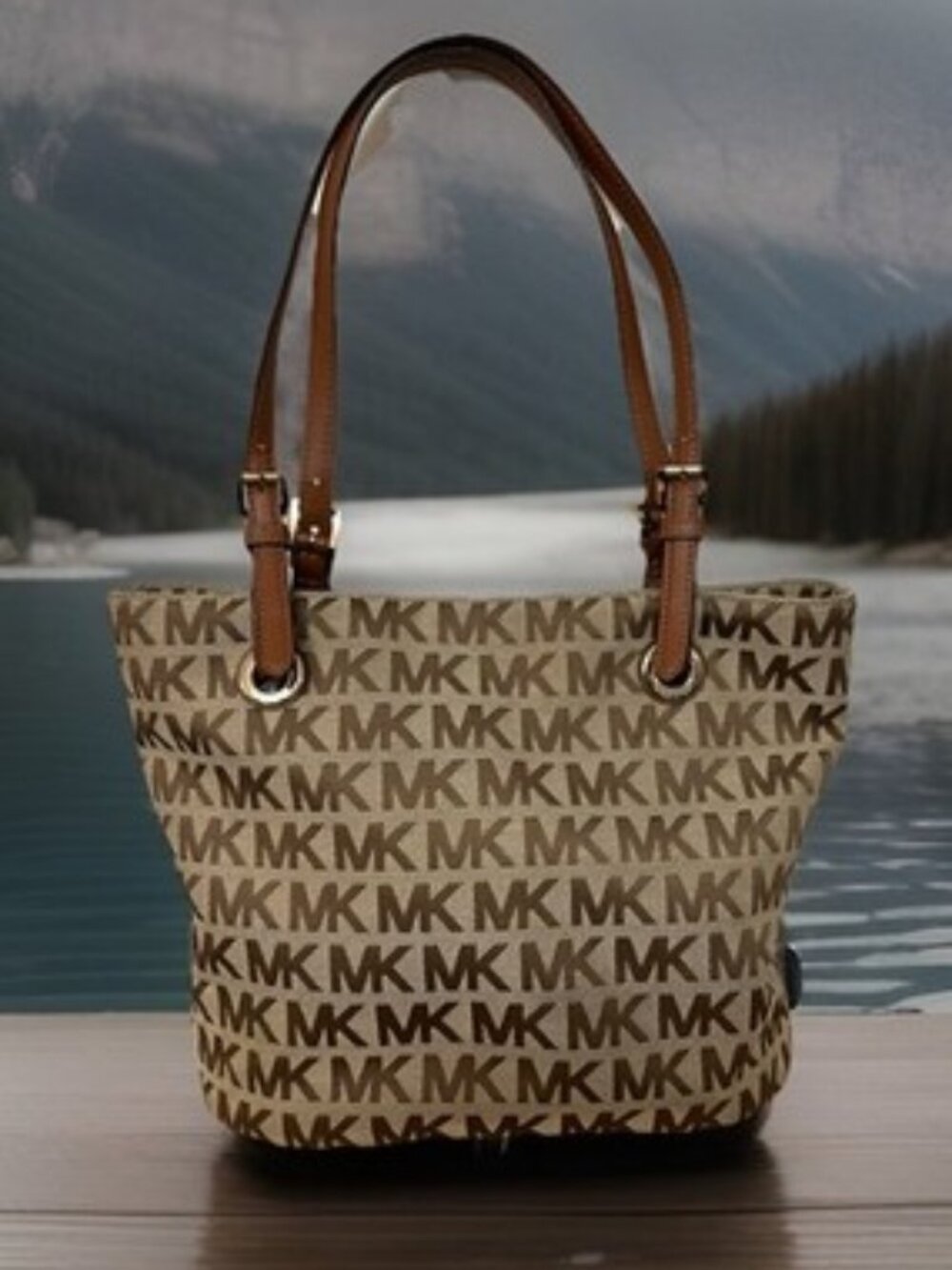 Michael Kors Jet Set Signature East West Purse Canvas Tote Monogram Logo Brown
